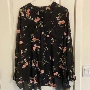 3X Rachel Roy black floral sheer button down long sleeve blouse